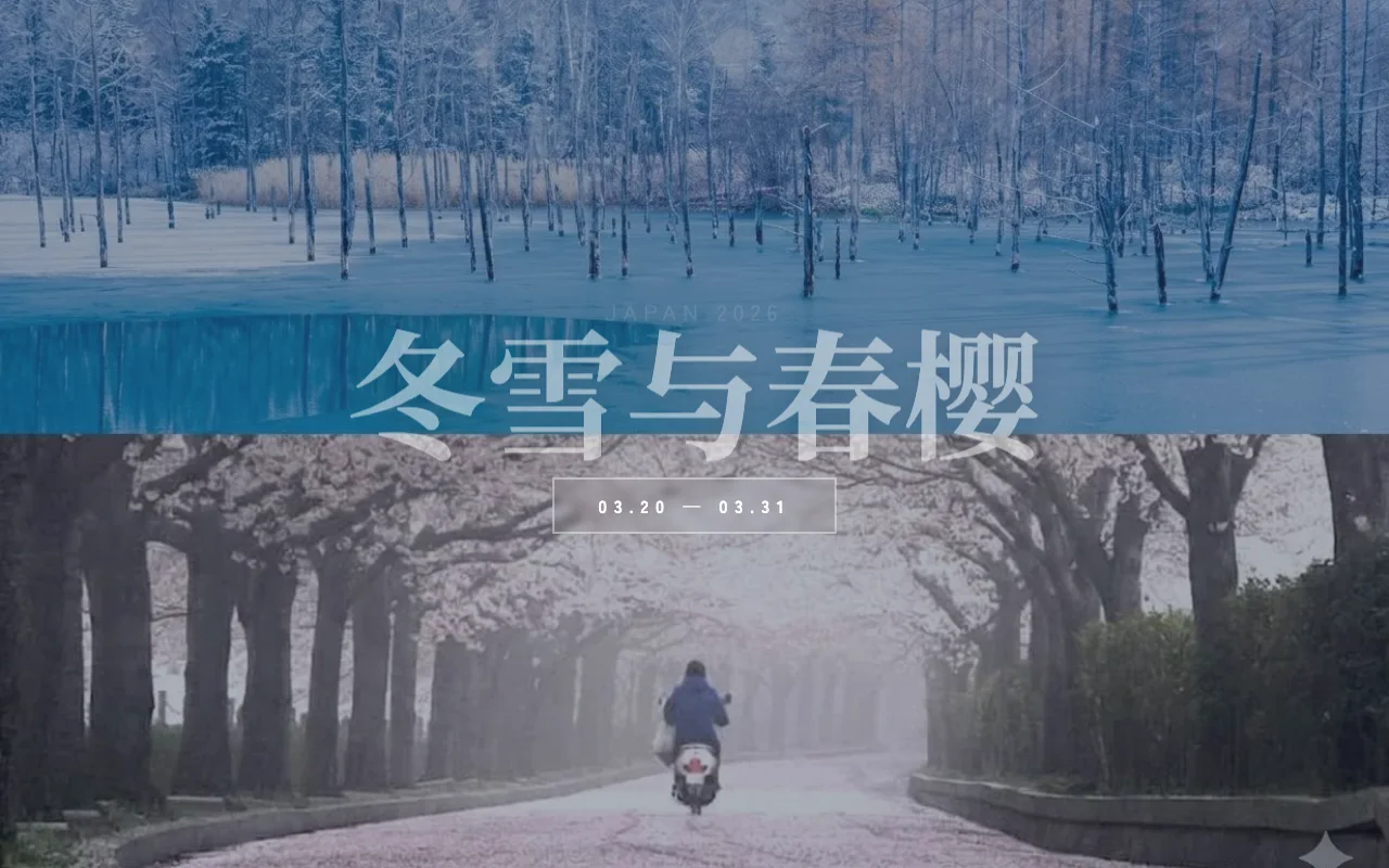 The trip site's opening screen: a frozen blue pond above, cherry blossom below